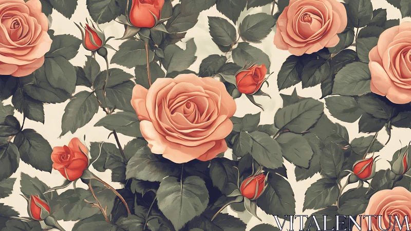 Classical Rose Garden in Blush and Coral Tones with Botanical Foliage