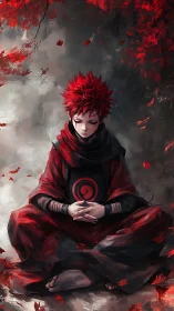 Red haired figure sits cross legged amid falling red leaves