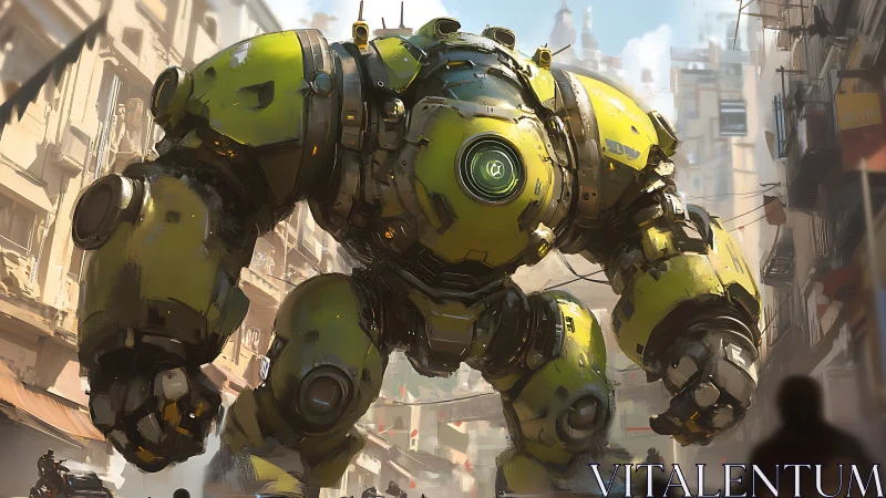 Armored green mech stomps through dense urban street.