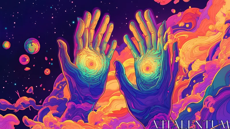 Cosmic hands with swirling nebula cores in vivid color.