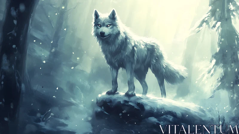 Mystic white wolf standing proud in a softly glowing winter forest.