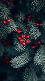 Crimson berries nestled in cool blue-green fir needles.