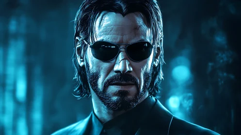 Midnight hitman in neon blue glare and polished menace.