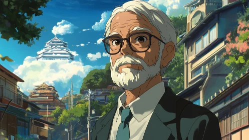 Elderly scholar in suit before sunlit traditional village.