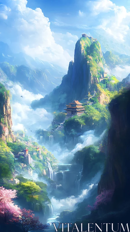 Mountain valley with tiered temples, waterfalls and mist.