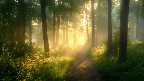 Sunlit forest path in early morning light, tranquil natural scene.