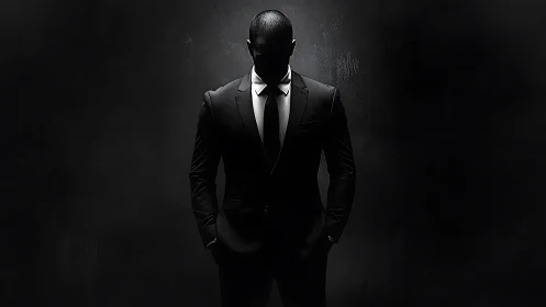 Silhouetted man in formal suit emerges from chiaroscuro void