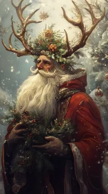 Winter forest spirit Santa crowned with antlers and pine wreath.
