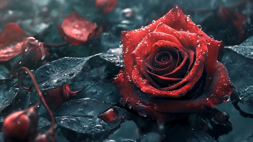 Red Rose with Water Droplets on Dark Textured Surface