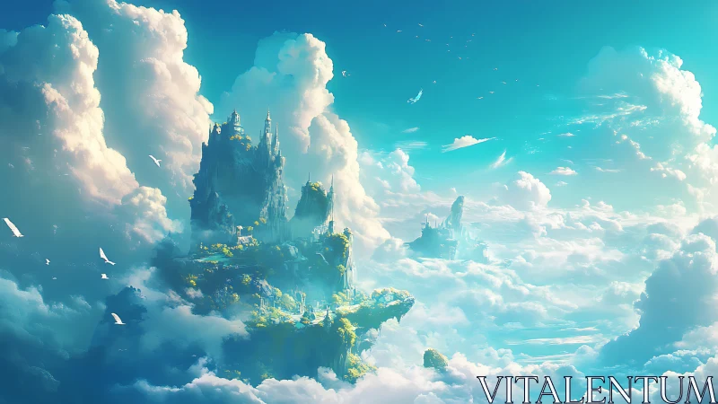 Cloudborne citadel drifts through a sunlit turquoise sky