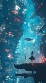 Girl on a neon balcony watching distant starships drift.