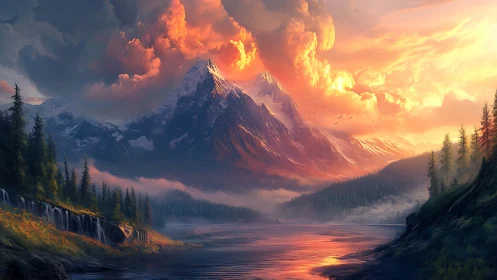 Sunlit alpine peaks above misty river valley at dusk.