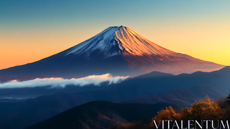 Photorealistic alpine volcano at sunrise with layered valleys.