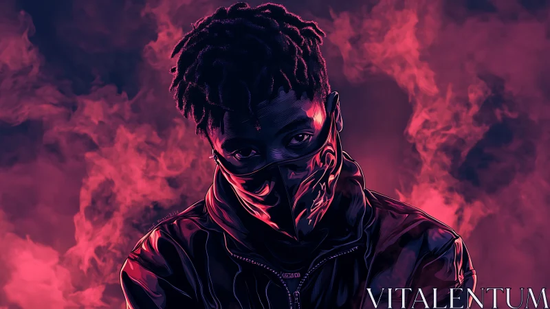 Masked cyber-noir portrait glows in neon magenta haze