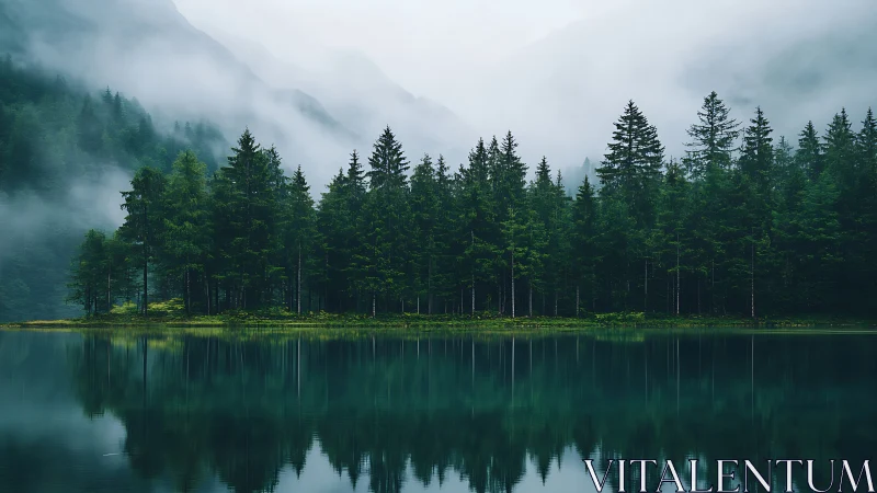 Misty mountain lake with conifer forest reflection.