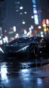 Low-angle render of wet reflective hypercar in neon-lit rain street