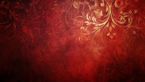 Textured red damask background with ornamental flourishes.