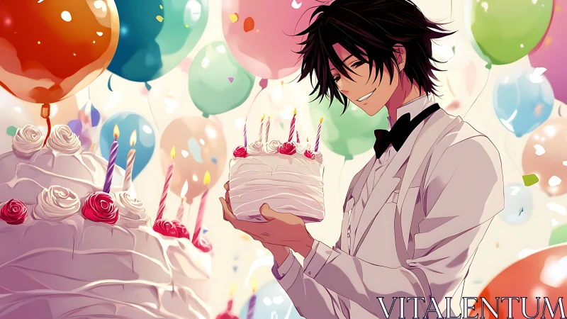 Anime Birthday Celebration: Male Character in Formal Attire with Festive Backdrop.