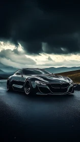 Sleek black sports car cuts through storm-dark mountain pass.