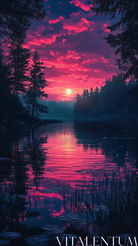Neon sunset reflects across tranquil forest lake surface