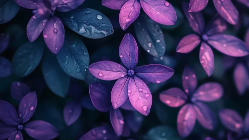 Magenta Petals with Dew Drops Against Dark Foliage