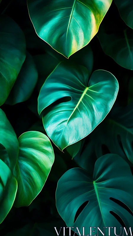 Monstera leaves glow against deep shadowed jungle backdrop