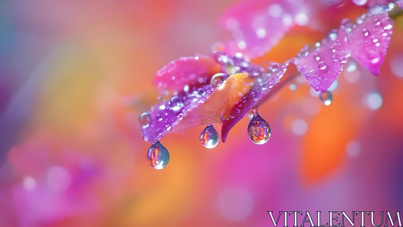 Macro water droplets on colorful leaves with soft bokeh background.