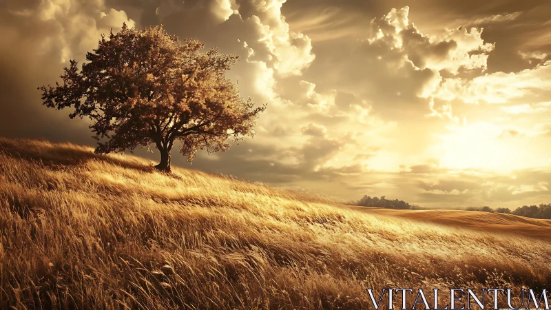 Solitary tree stands on sloped grassland under dense clouds