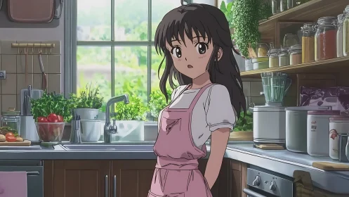 Anime girl stands in sunlit kitchen surrounded by fresh produce