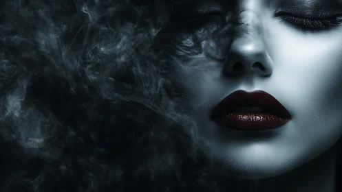 Close cropped female face in smoke with high contrast lighting.