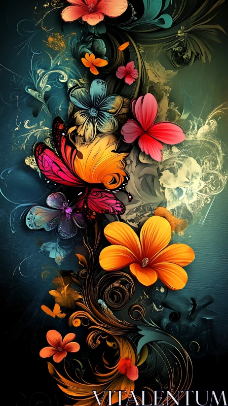 Vivid butterflies swirling through a dreamlike floral bloom.