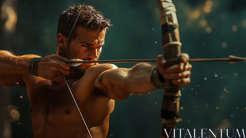Focused archer draws his bow with calm, steady strength.