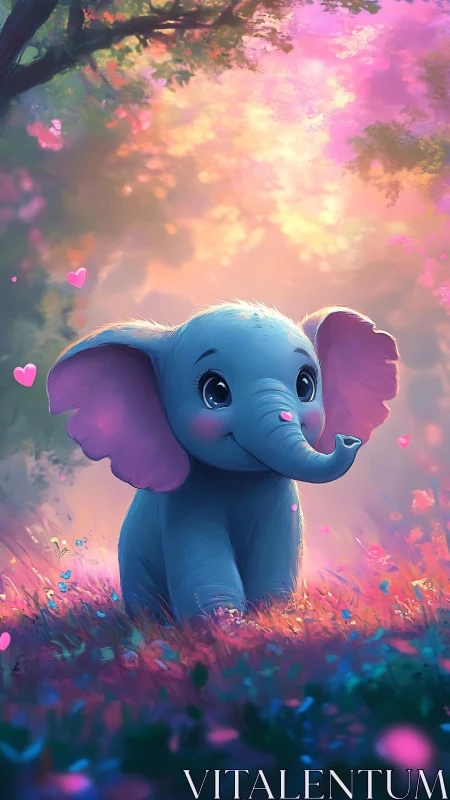 Cute blue baby elephant in glowing pink fantasy meadow