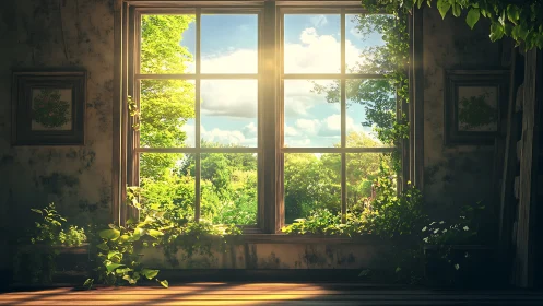 Sunlit wooden interior window framing green outdoor trees.