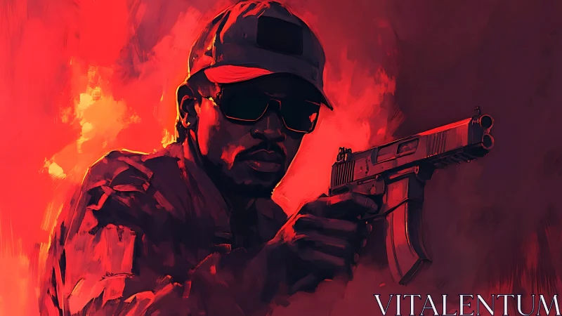 Armed figure in red-lit haze holds pistol with tense focus