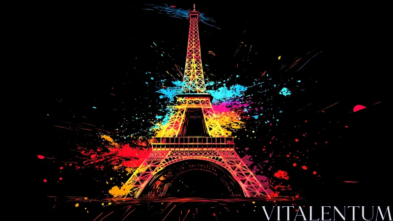 Chromatic Eiffel Tower outline with dispersed paint effects.