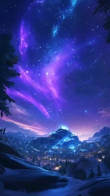Snowy mountain town under vivid purple starry sky.
