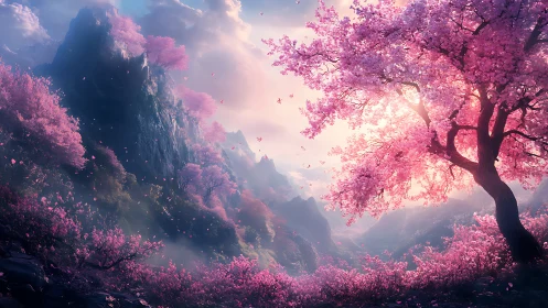 Majestic cherry blossom valley glows in ethereal sunrise light.