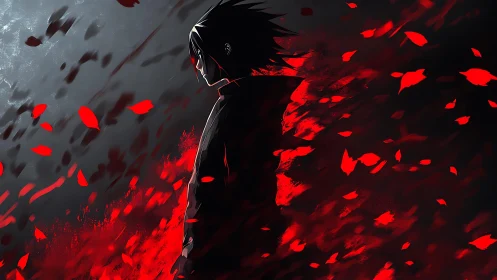 Silhouetted anime figure amid red particle dispersion field.