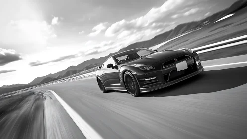 Sleek sports car rushes along a sweeping mountain highway