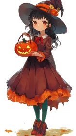 Young anime witch holds glowing pumpkin lantern calmly