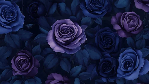 Blue and Purple Roses with Foliage in Dark Composition