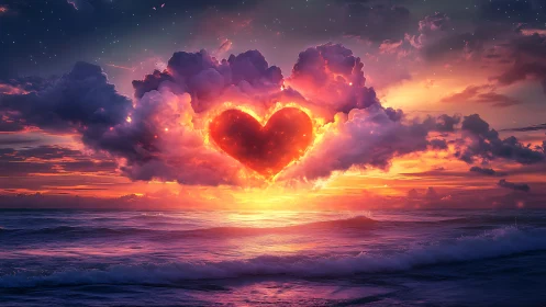 Glowing Heart Emerges from Ocean Sunset Clouds