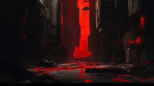Narrow urban corridor shows red-illuminated structural decay
