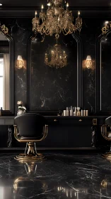 Luxurious black salon interior showcases gold detailing