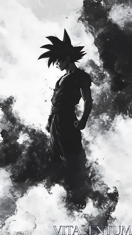 Silhouetted warrior stands in swirling monochrome smoke