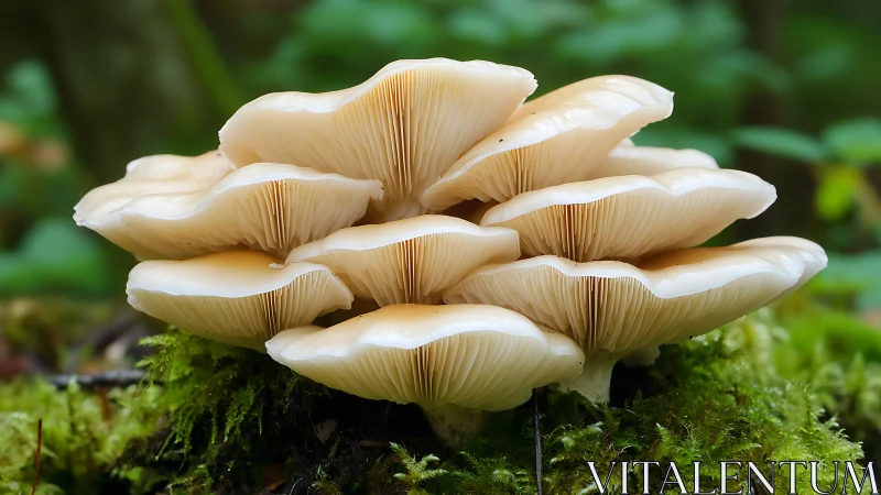 Cluster of pale gilled mushrooms growing on forest moss.