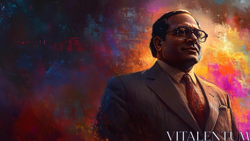 Dignified figure in suit amid radiant abstract colors.