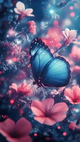 Blue butterfly rests amid neon pink blossoms at dusk