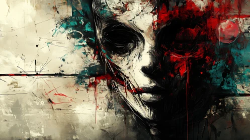 Dark abstract humanoid face in red, teal and black chaos.